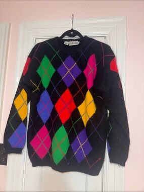Rafaella Black Crewneck Sweater with Multicolor Argyle Diamonds
